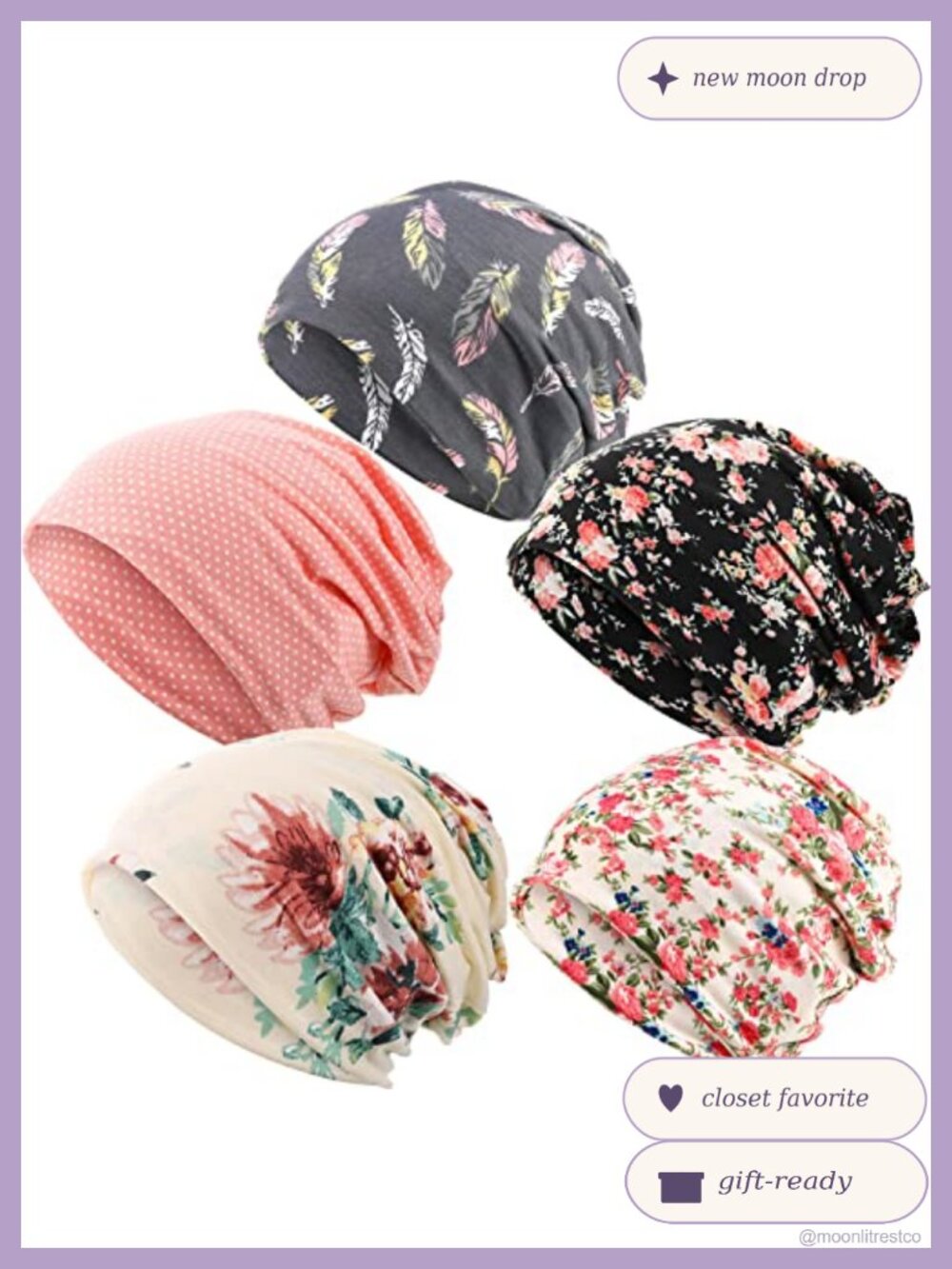 Slouchy Beanie Turban Head Wraps Set 5 Pack Polyester Lace Sleep Cap Hair Loss